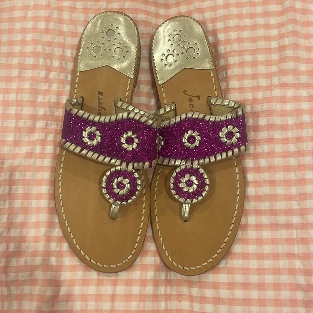 Jack Rogers Jacks flat leather sandal in gold and glitter magenta SZ 8-8.5M